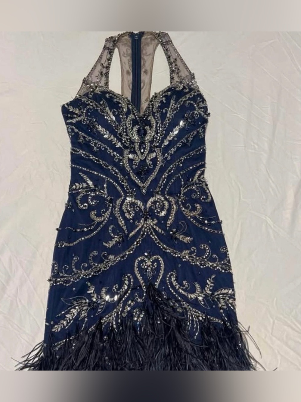 Embellished Navy Blue Evening Dress with Feather Hem